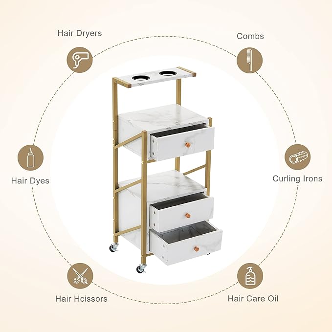 BarberPub Salon Trolley Cart with Wheels Rolling Cart Barber Station with Drawers Marbled Board for Beauty Salon Makeup Storage with 2 Hair Dryer Holders 2042 (White)