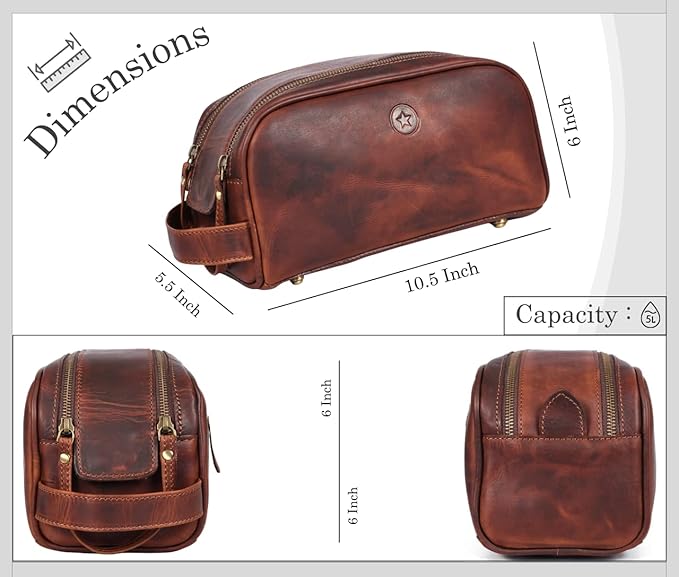 Leather Toiletry Bag for Men | Grooming Travel Kit | With Waterproof Lining | By Aaron Leather (Dark Brown)