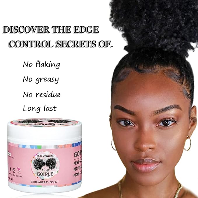 Goiple Edge Control Wax for Women Strong Hold Non-greasy Edge Smoother Strawberry Scent (4oz Edge Control Wax + Edge Brushes*2 + Pink Elastic Bands*2)