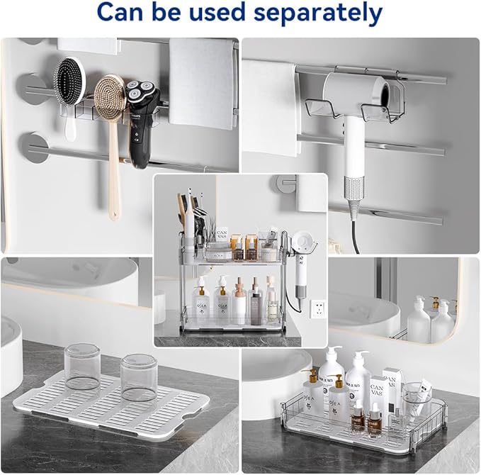 Bathroom Countertop Organizer,Makeup Counter Organizer With Hair Dryer Holder,Compatible with Dyson Blow Dryer,Electric Toothbrush And Toothpaste Holder,2-Tier Detachable Design,Transparent