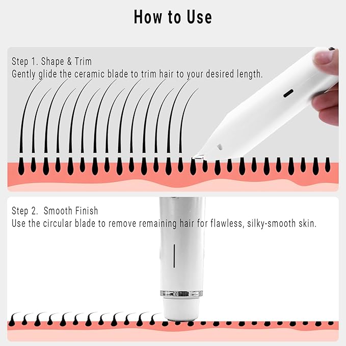 2-in-1 Bikini Trimmer for Women, Bikini Shaver with Dual Heads, Painless Body and Facial Hair Removal, Rechargeable Cordless Electric Razors for Face Chin Pubic Underarm Legs, IPX7 Waterproof, White