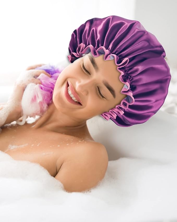 Aquior Shower Caps, Reusable Shower Cap for Women, Double Layer Waterproof Hair Cap, Large Size for All Hair Lengths,for Girls Spa Home Salon Use (purple)