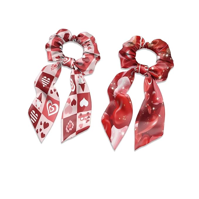 Gnomes Heart Toddler Bow Hair Ties No Damage Pack of 2 Checkered Scrunchies Hair Ties for Women Accessory Valentine's Theme Scarf Scrunchy