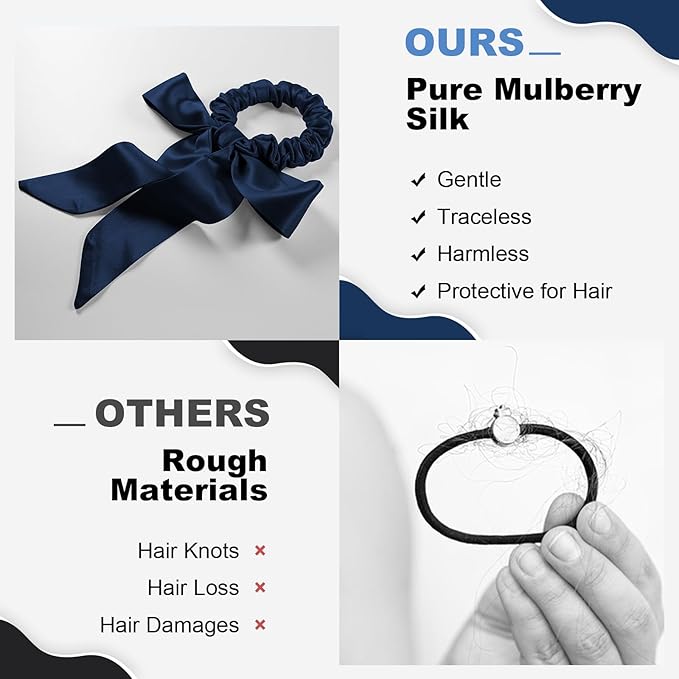 1 Piece Silk Bow Scrunchies for Hair-100% Pure Mulberry 22 Momme Silk Hair Tie, Elastic Ponytail Holder, Elegant Soft Bow Hair Ties Band for Women Hair Care, Multiple Colours (NAVY BLUE)