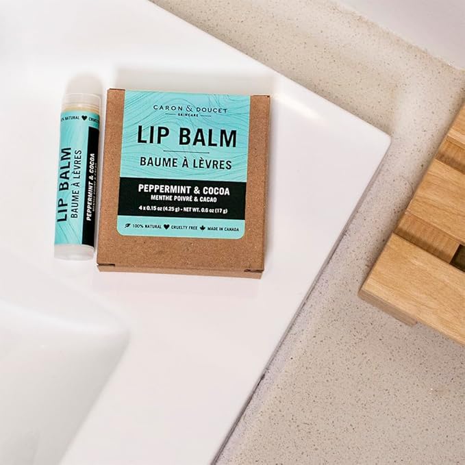 Caron & Doucet - 100% Natural Lip Balm - Premium Beeswax & Olive Oil Moisturizing Lip Balm - Best for Dry Chapped Lips. (Pack of 4, Peppermint & Cocoa)