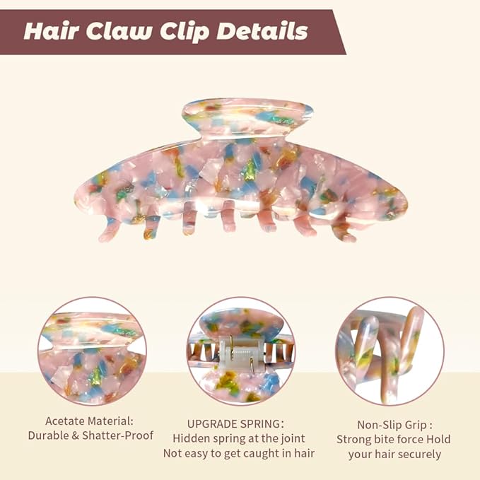 French Hair Claw Clips for Women Grils,4 Inch Strong Hold No Slip Grip Accessories Acetate Material,Not Easily Damaged,Thick or Thin Hair (Pink & Blue)