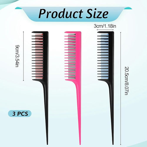 3 Pack Triple Teasing Comb for Women and Men, 8.2 Inches Rat Tail Comb Heat Resistant Plastic Teasing Parting Combs for Braiding Hair Styling Backcombing, Volume, Sectioning