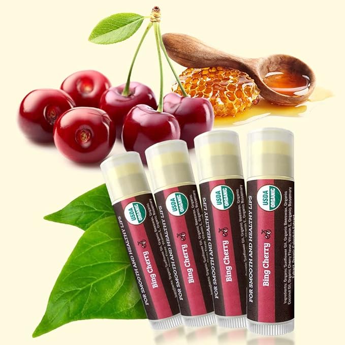 USDA Organic Lip Balm 4-Pack by Earth's Daughter - Cherry Flavor, Beeswax, Coconut Oil, Vitamin E - Best Lip Repair Chapstick for Dry Cracked Lips.