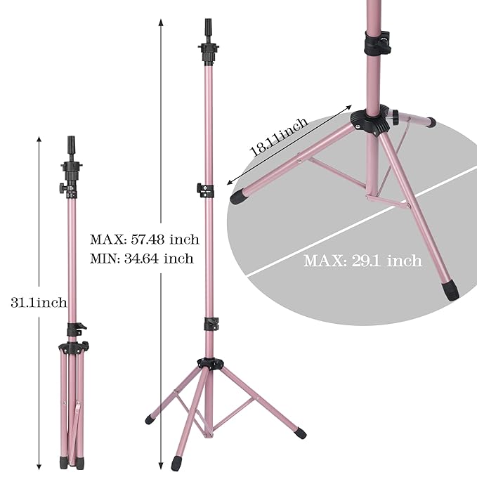 Auroras Adjustable Wig Stand Tripod, Mannequin Stand for Wig Tripod Stand, Mannequin Head Stand for Cosmetology Hairdressing Training, Pink (Mannequin Head Not Included)