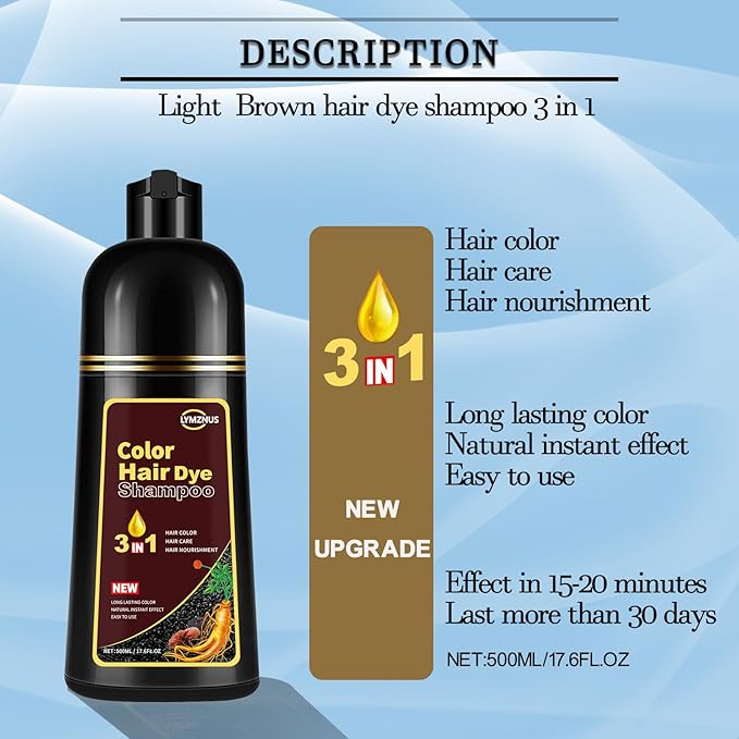 Instant chestnut brown Hair Dye Shampoo 3 in 1 for Gray hair, Herbal Color Shampoo champu para canas for Women and Men,100% Gray Hair Coverage, Hair Shampoo colors 500ml