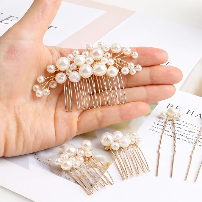 Pearl Hair Combs and Hair Pins for Bridal Women, Decorative Hair Accessories for Wedding Prom, Set of 5 (Gold)