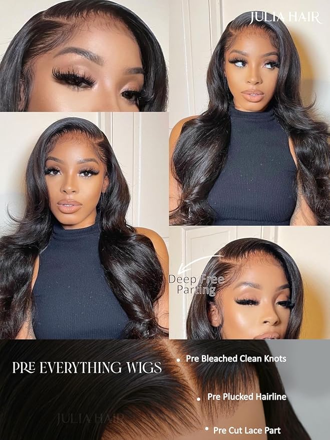 Julia Hair Body Wave Glueless Lace Front Wigs Human Hair 13x4 Pre Cut Lace Frontal Wig Pre Plucked with Bleached Knots Pre Everything Put on and Go 180% Density Ready Wear Wigs Natural Color 18 Inch