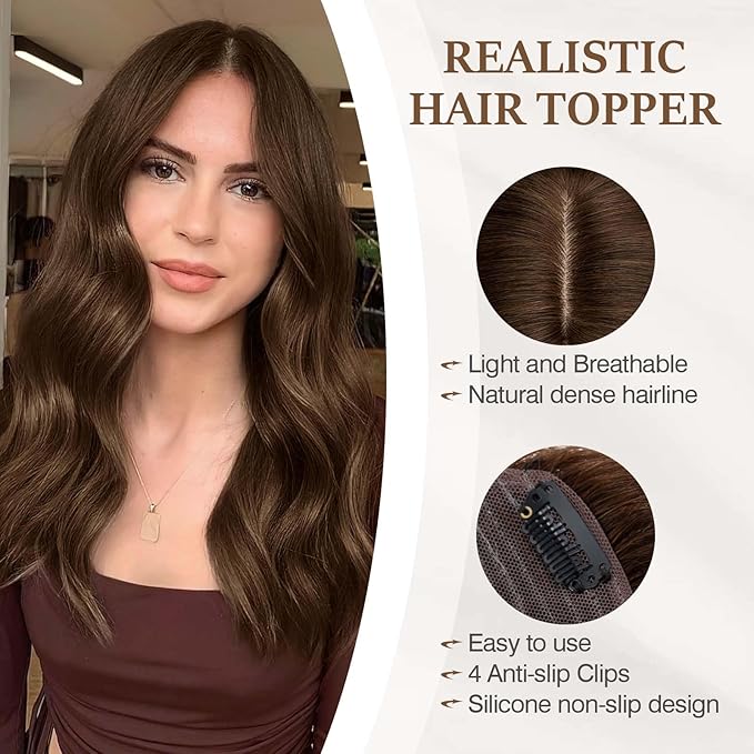 Rich Choices Hair Toppers for Women Real Human Hair 100% Human Remy Toppers NO Bangs for Women with Thinning on Top Clip in Hairpiece 4"x4.7"Lace Base 14 Inch #4 Medium Brown