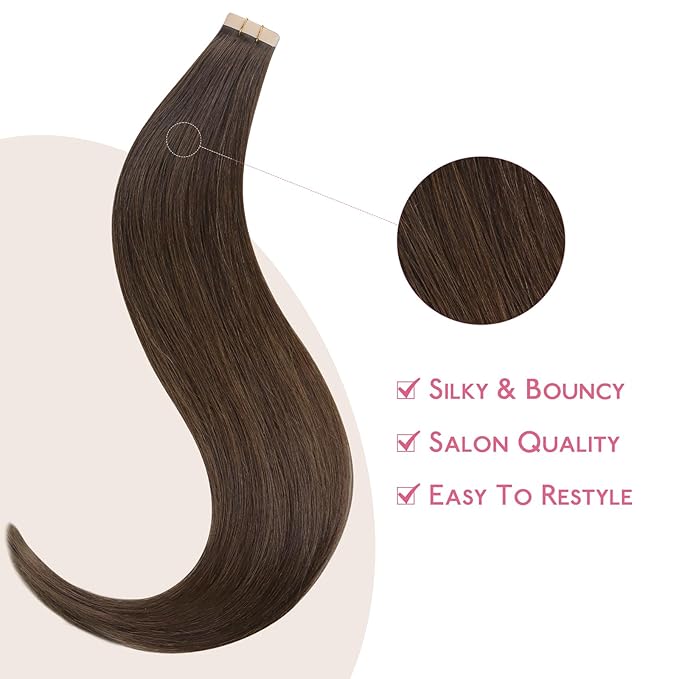 WENNALIFE Tape in Hair Extensions Human Hair Chocolate Brown Tape in Extensions, 10pcs 20g 12 inch Remy Invisible Tape Ins Straight Soft Real Human Hair Tape in Extensions Refill Set Extensions