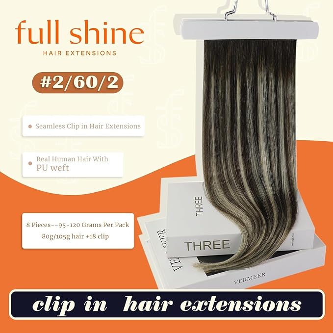 Full Shine Clip in Extensions for Women Dark Brown Balayage Seamless Hair Extensions Clip in Dark Brown Ombre Platinum Blonde Invisible Hair Extension 16 Inch 8 PCS 120G