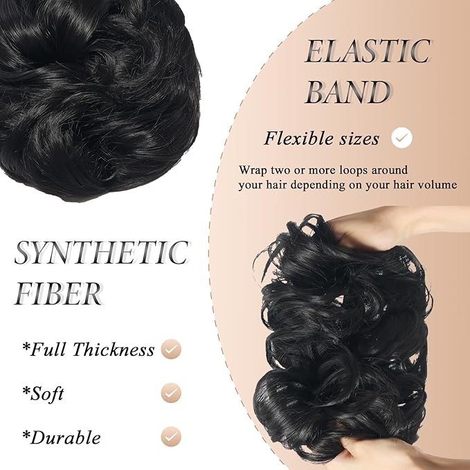 Large Messy Bun Hair Piece Curly Synthetic Extensions Scrunchies Fake Chignon Updo Hairpieces for Women Off Black
