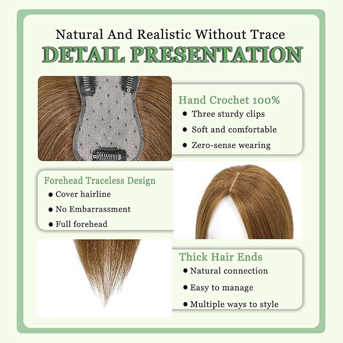 Hair Toppers for Women Real Human Hair, 360°3D Bangs Clip Human Toppers for Women with Thinning hair Realistic Scalp Line (Light Brown, 3D Side Bangs (11 * 7))