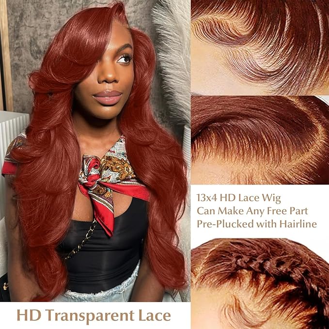 AMIRTY 200% Density 34 Inch Orange Ginger Lace Front Wigs Human Hair 13X4 HD Transparent Lace Front Wigs Human Hair with Baby Hair Chestnut Brown #33 For Women