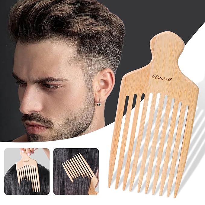 Bamboo Hair Pick for Curly Hair, Premium Wooden Wide Tooth Detangling Comb with Ergonomic Handle, Natural Volume & Styling Tool for Men Women, Fine or Thick Beard Pick