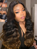 KLAIYI Ombre Brown Loose Body Wave 13x4Pre Everything Lace Frontal Chestnut Brown Drawstring Wig with Face Framing Layers Precut Lace Pre Plucked Bleached Bye Bye Knots Ready to Wear and Go Wig 16Inch
