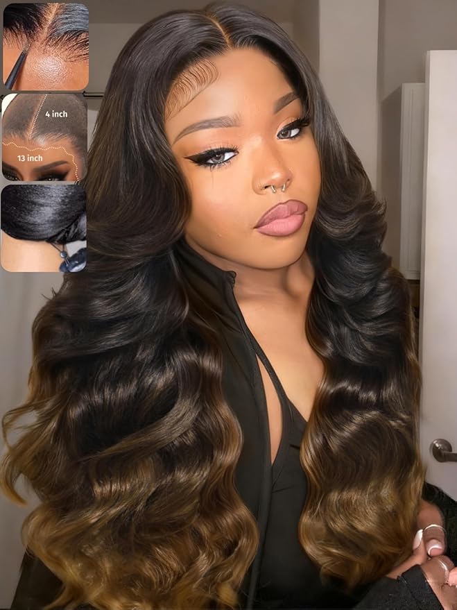 KLAIYI Ombre Brown Loose Body Wave 13x4Pre Everything Lace Frontal Chestnut Brown Drawstring Wig with Face Framing Layers Precut Lace Pre Plucked Bleached Bye Bye Knots Ready to Wear and Go Wig 22Inch