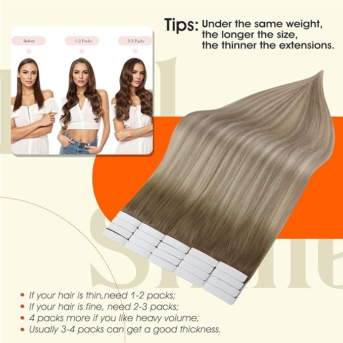 Full Shine Blonde Tape in Hair Extensions Human Hair Color 8 Ash Brown Ombre 60 Blonde And 18 Straight Tape ins Human Hair Extensions 14Inch 50Gram Seamless Invisible Skin Weft 20Pcs for Party