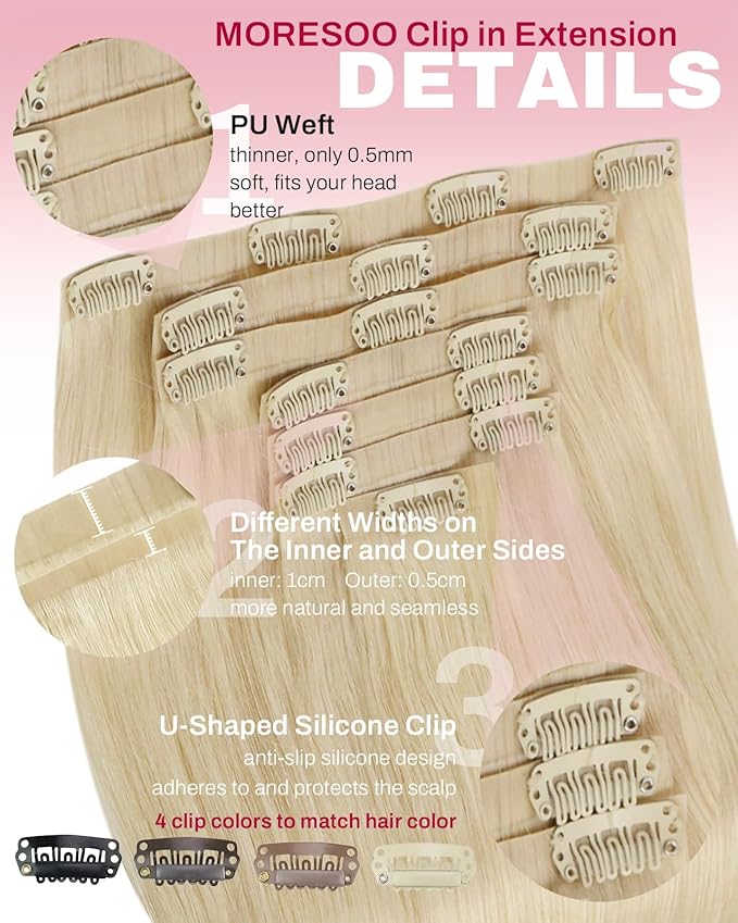 Moresoo Seamless Platinum Blonde Human Hair Clip in Extensions Blonde Real Hair Extensions Clip in Human Hair Invisible Pu Weft Straight 120g/7pcs 16 in