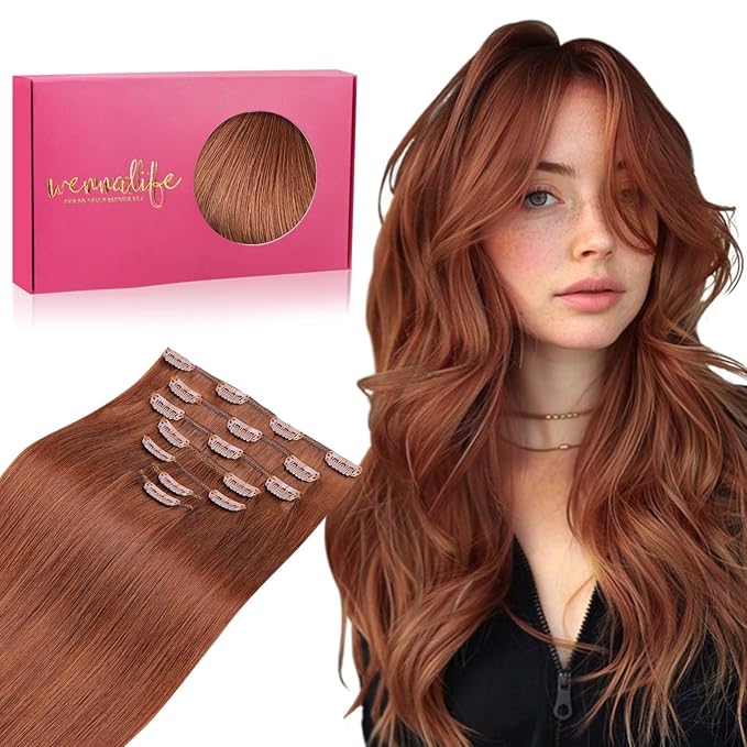 WENNALIFE Clip in Hair Extensions Real Human Hair, 16 Inch 120g 7pcs Clip in Hair Extensions Real Human Hair, Dark Auburn Copper Human Hair Clip in Extensions Remy Human Hair Extensions Clip Ins