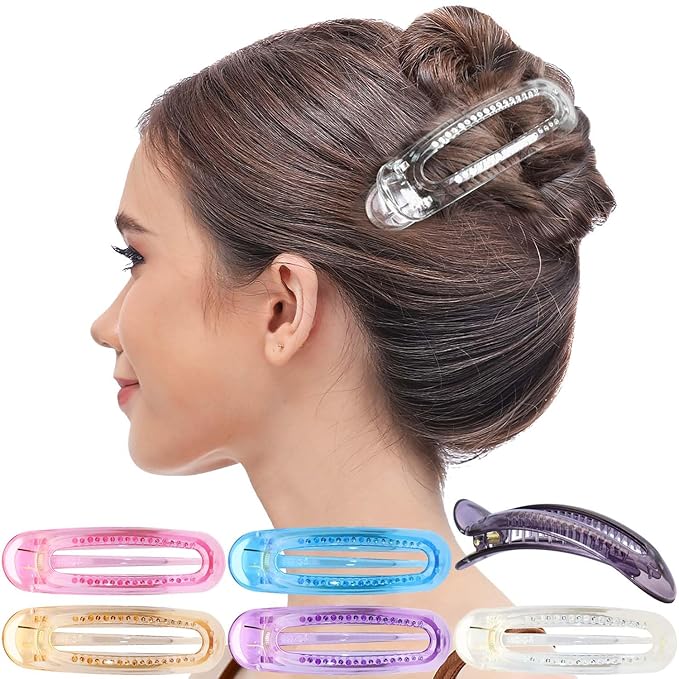 RC ROCHE 6 Pcs Flat Claw Hair Clips for Women Alligator French Barrette Long Thick Hair Duckbill Curved No Slip Grip Lay Flat Side Slide Firm Classic Styling, Medium Transparent Multicolor