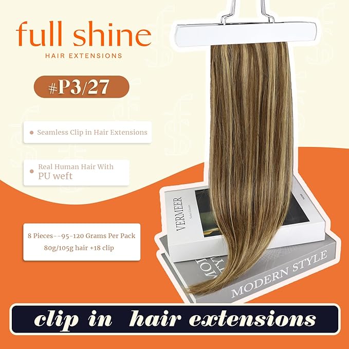 Full Shine Clip in Hair Extensions Dark Brown Human Hair Clip ins with Caramel Blonde Highlights Invisible Clip in Hair Extensions Human Hair 20 Inch PU Weft Add Volume 8 PCS 120 G