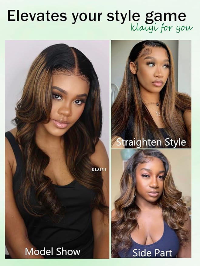 KLAIYI Ombre Brown Body Wave Lace Front Wigs Human Hair Highlight Balayage 13x4x1 T Part Ear to Ear Lace Wig Pre Plucked with Baby Hair Easy to Wear and Go Wigs for Black Women Natural Hairline 16Inch