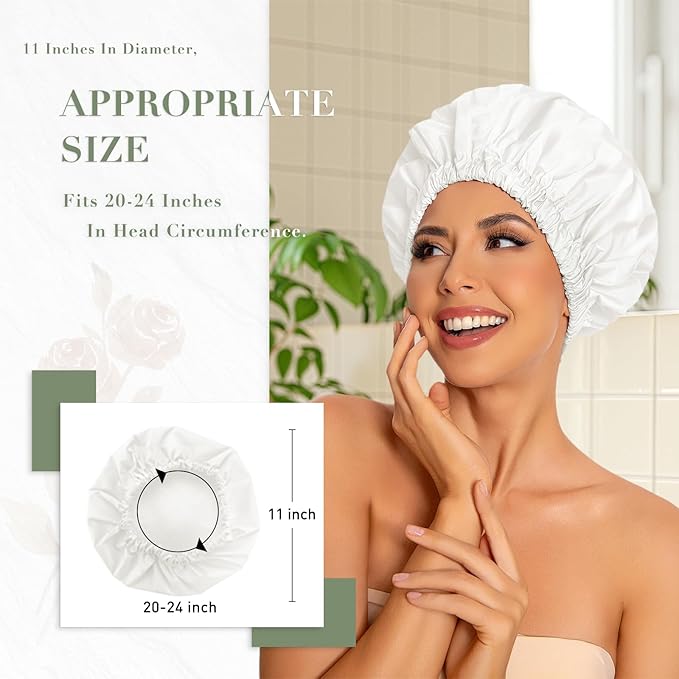 Reusable Shower Cap for Women, Large Waterproof Shower Essentials Bonnet Washable Elastic Band Bath Hair Wrap Hat for Long Hair, Braids(White)