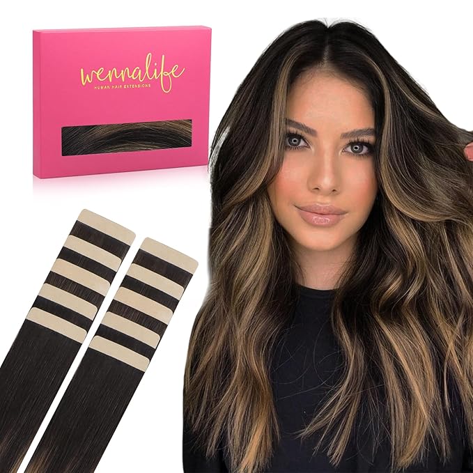 WENNALIFE Tape in Hair Extensions Human Hair Balayage Natural Black to Chestnut Brown Tape in Extensions, 10pcs 30g 26 inch Remy Invisible Tape Ins Straight Soft Real Human Hair Tape in Extensions