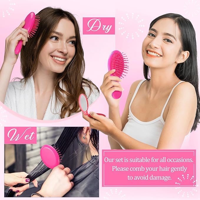 Meanplan 24 Pcs Mini Hair Brush Set 12 Travel Wet Dry Hair Combs Pocket Detangling 12 Compact Folding Makeup Mirror for Spa Sleepover Birthday Bridal Shower Bachelorette Christmas Party Gift(Rose Red)