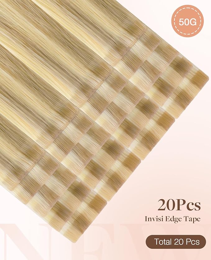 GOO GOO Invisi Edge Tape in Hair Extensions Human Hair, 16/22 Light Blonde Highlighted Golden Blonde 20pcs 16inch 50g, Virgin Remy Hair, Seamless Injected Tape, Natural Look