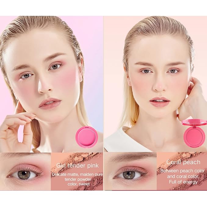 UCANBE 5 Colors Face Blusher Palette Waterproof Matte Long Lasting Lightweight Blush Powder Pink Coral Blushing Pallet with Brush Mirror Women Makeup Gift Set Kit