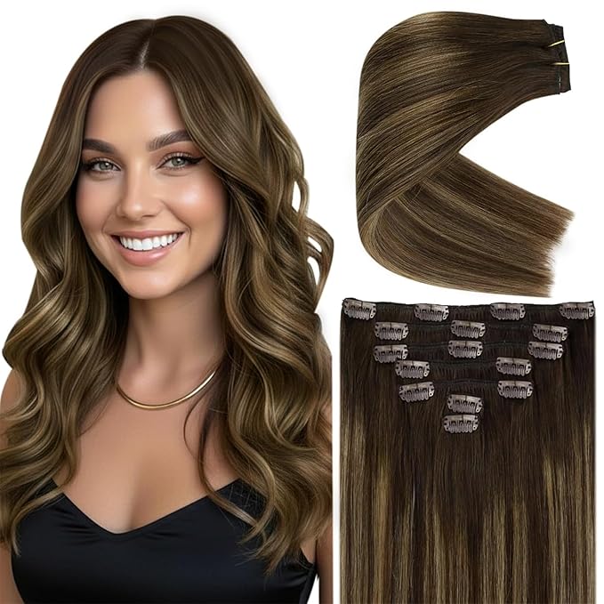 Ve Sunny Clip in Hair Extensions Real Human Hair, Human Hair Clip in Extensions, Balayage Clip in Hair Extensions Dark Brown Ombre Caramel Blonde, 12inch 5pcs 80g