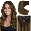 Ve Sunny Brown Clip in Hair Extensions Real Human Hair Balayage Clip in Human Hair Extensions Brown with Caramel Blonde Clip on Hair Extensions for Women 16inch 120g 7pcs