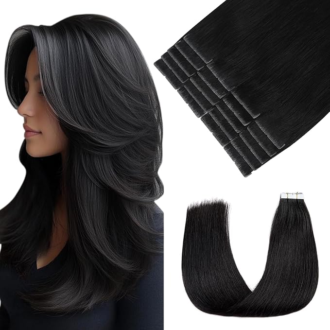 Pinkpearl Invisible Tape in Hair Extensions Human Hair, 20pcs 20inch 55g #1B Natural Black Injection Tape in Extensions Real Remy Straight Seamless Silky Human Hair Injected