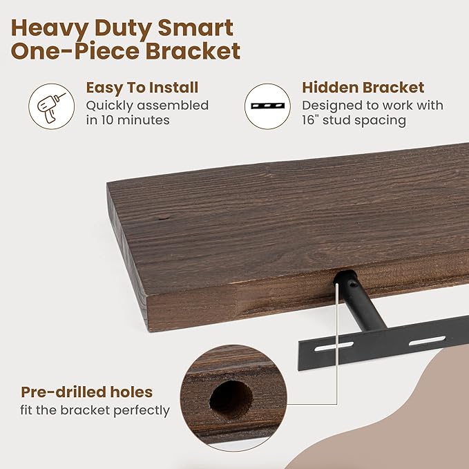 Floating Shelves for Wall Decor, Rustic Solid Elm Wood Live Edge Floating Shelves Wall Mounted, Wall Shelves with Invisible Bracket for Living Room Bathroom Bedroom Kitchen, 36 Inch Set of 2, Walnut