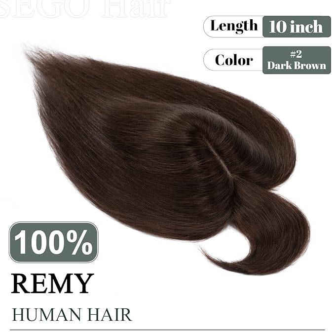 SEGO Hair Toppers for Women Real Human Hair with Thinning Hair, Toppers Hair Pieces Clip in Toppers Straight Hair Pieces with Front Bangs 150% Density Silk Base -10 Inch #2 Dark Brown