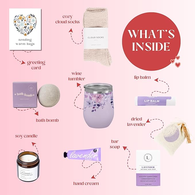 Unboxme Lavender Spa Gift Basket For Women - Relaxation Gifts I Self Care Package with Lavender Scented Candle, Wine Tumbler, Bath Bomb, Soap, Socks, Hand Cream & Bonus Card | Sympathy Gift