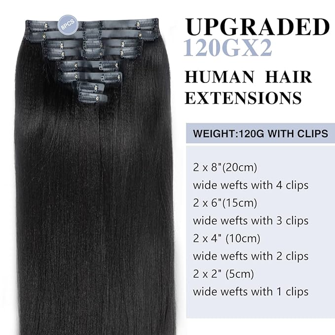 Yaki Straight Clip in Hair Extensions Real Human Hair 2 Pack 240g Full Max Seamless Clip ins for Women 15A Remy Human Hair Clip in Extensions with 16Pcs PU Thin Weft 18inch Natural Black