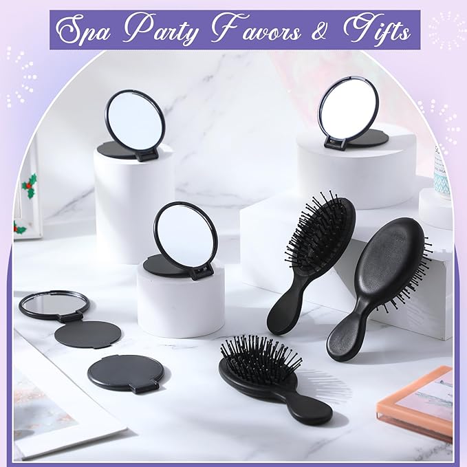 Meanplan 24 Pcs Mini Hair Brush Set 12 Travel Wet Dry Hair Combs Pocket Detangling 12 Compact Folding Makeup Mirrors for Spa Sleepover Birthday Bridal Shower Bachelorette Christmas Party Gift (Black)
