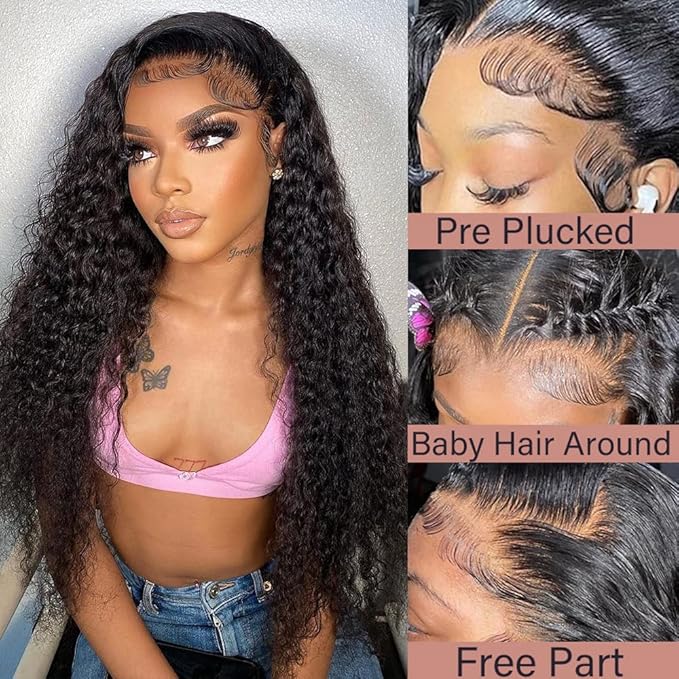 Deep Wave 13X6 HD Lace Front Wigs Human Hair Pre Plucked Brazilian Virgin Deep Curly Wigs with Baby Hair for Black Women Natural Black Color 200% Density 22 Inch