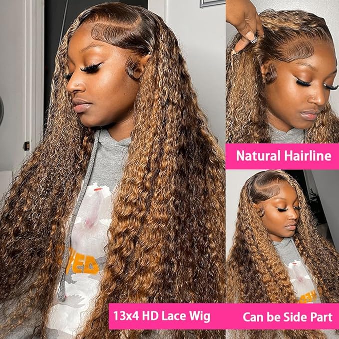 bangjazz 30 Inch Deep Wave Lace Front Wigs Human Hair 180% Density Highlight Ombre 13x4 Lace Frontal Wigs Human Hair HD Lace P4/27 Wigs for Black Women Human Hair Pre Plucked Curly Lace Front Wig