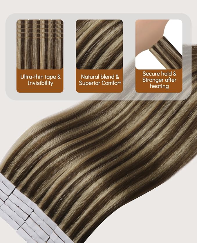 VINBAO Invisi Edge Tape in Extensions Human Hair, 55g 20in 20pcs Chocolate Brown Highlighted Caramel Blonde Injected Tape in Hair Extensions Thick Ends 20inch #4P27