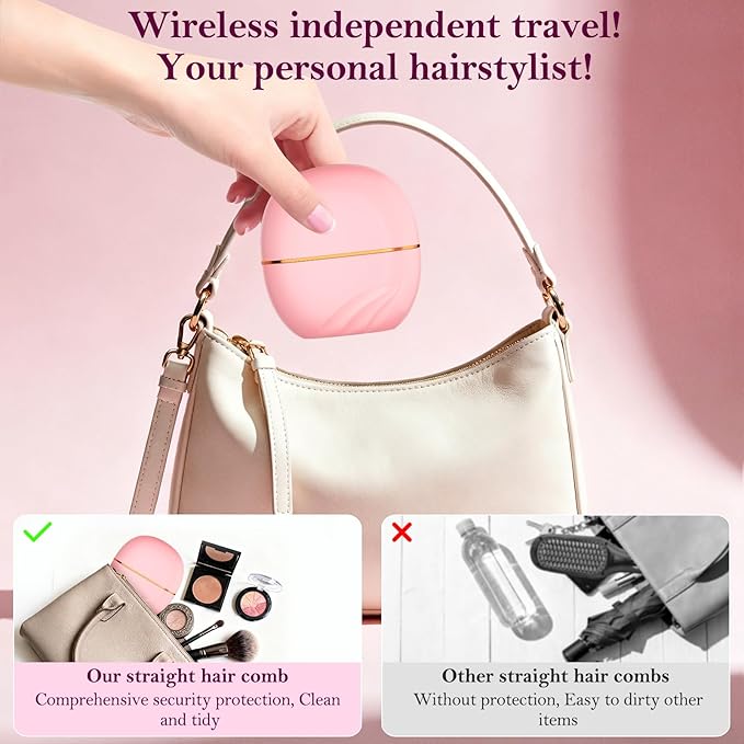 Mini Hair Straightener Brush, Rechargeable Portable Hair Straightener Brush, 3-Speed Temperature Control All Hair Types, Anti Scald Shell, Fast Heating Hot Comb, Idea for Travel Gift Hair Straightener