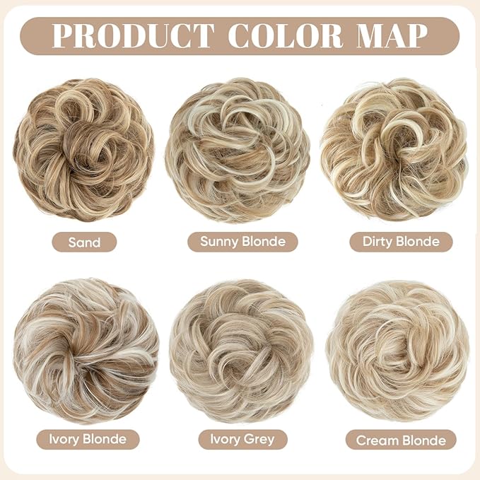 SARLA 2PCS Messy Hair Bun Hair Pieces Wavy Curly Synthetic Updo Fake Scrunchies Ponytail Extension for Women Ivory Grey