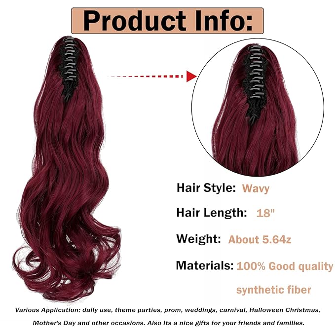 Claw Clip Ponytail Extension 18" Clip in Wavy Ponytail Hair Extensions Long Pony Tails for Women Extensions Wine Red Hairpiece